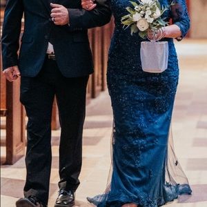 Navy Lace Montage by Mon Cheri MOB Gown